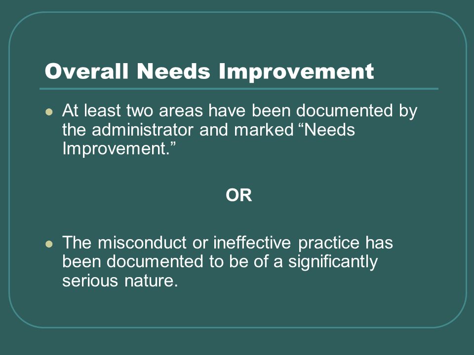 Overall Needs Improvement At least two areas have been documented by the administrator and marked Needs Improvement.