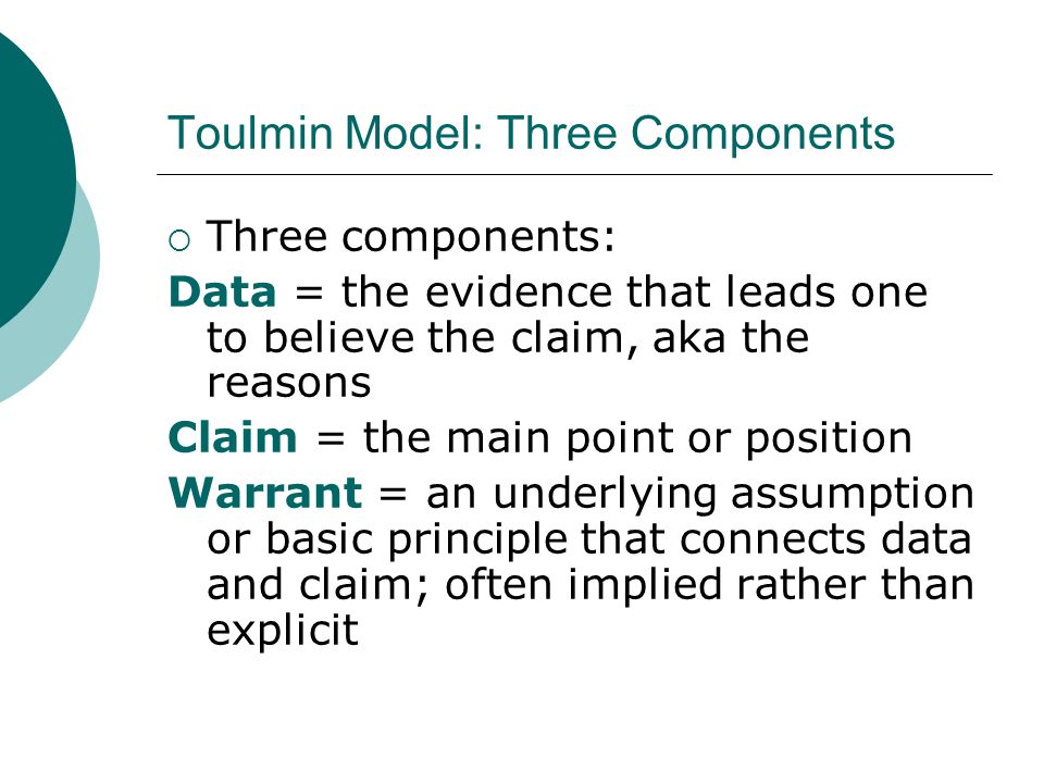Toulmin Model: Three Components Three components: Data = the evidence that leads one to believe the claim, aka the reasons Claim = the main point or position Warrant = an underlying assumption or basic principle that connects data and claim; often implied rather than explicit