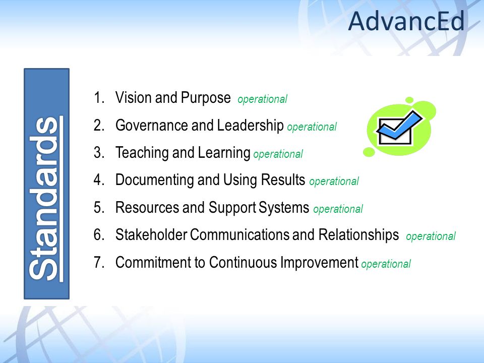 1. Vision and Purpose operational 2. Governance and Leadership operational 3.