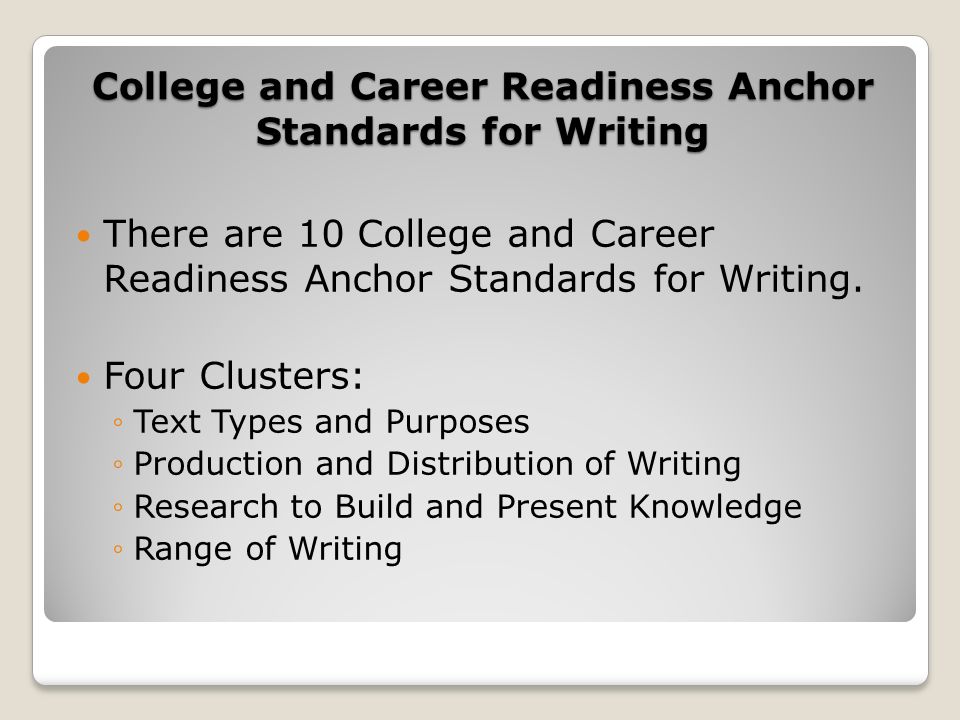 College and Career Readiness Anchor Standards for Writing There are 10 College and Career Readiness Anchor Standards for Writing.