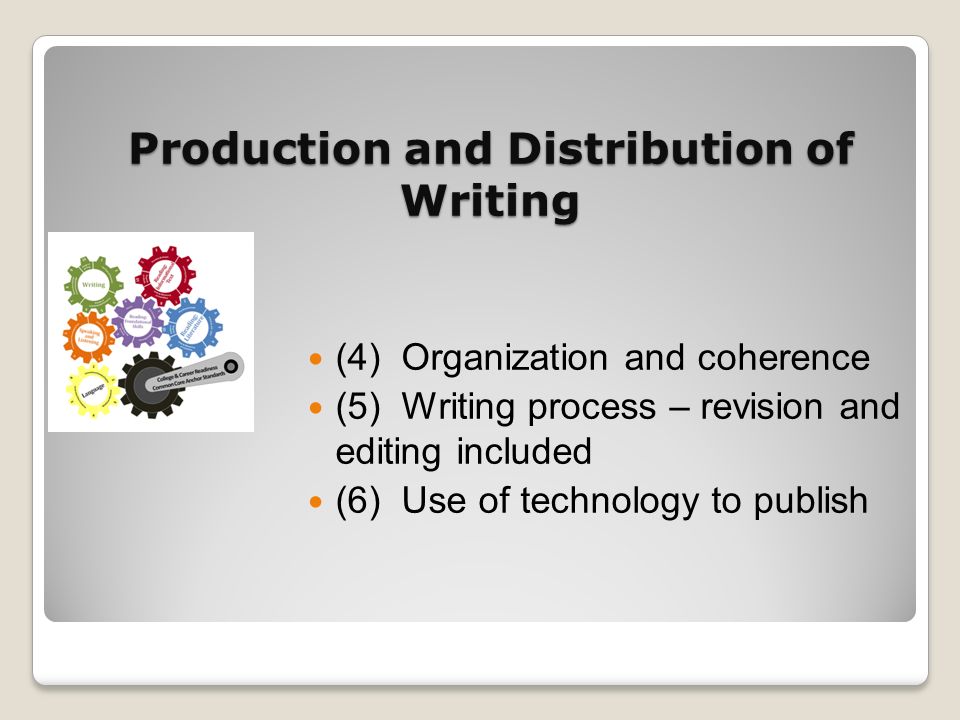 Production and Distribution of Writing (4) Organization and coherence (5) Writing process – revision and editing included (6) Use of technology to publish