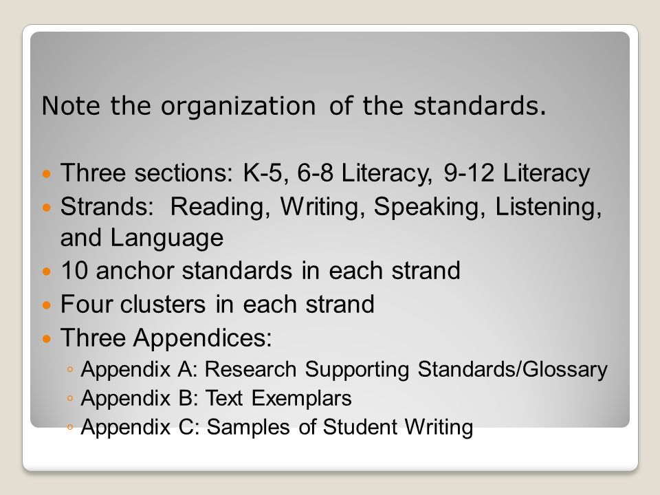 Note the organization of the standards.