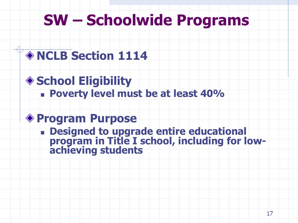 17 SW – Schoolwide Programs NCLB Section 1114 School Eligibility Poverty level must be at least 40% Program Purpose Designed to upgrade entire educational program in Title I school, including for low- achieving students