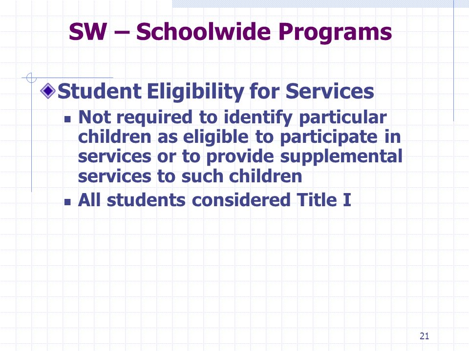 21 SW – Schoolwide Programs Student Eligibility for Services Not required to identify particular children as eligible to participate in services or to provide supplemental services to such children All students considered Title I