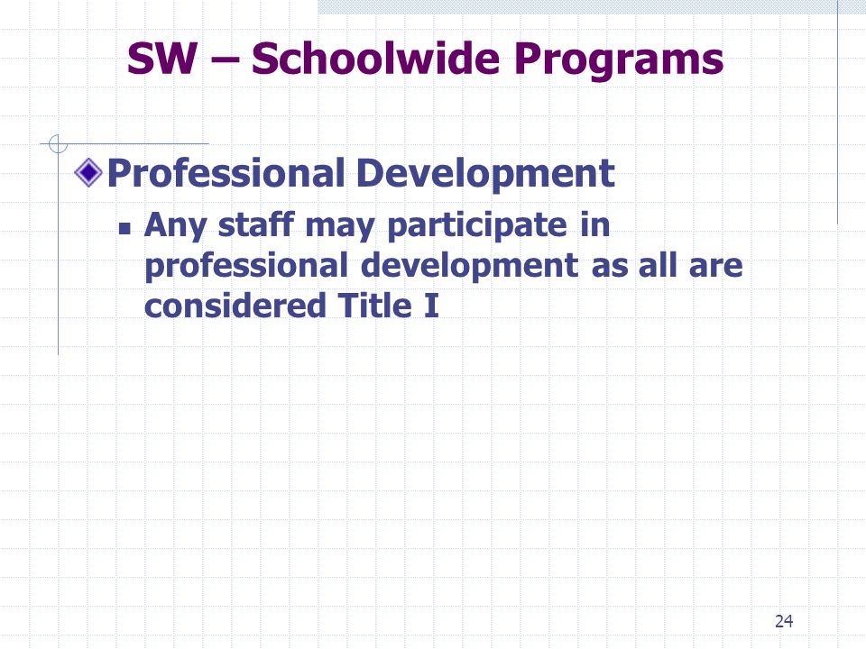 24 SW – Schoolwide Programs Professional Development Any staff may participate in professional development as all are considered Title I