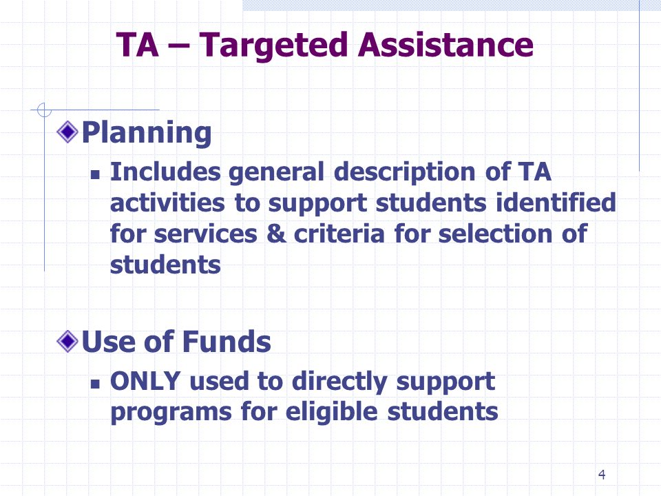 4 TA – Targeted Assistance Planning Includes general description of TA activities to support students identified for services & criteria for selection of students Use of Funds ONLY used to directly support programs for eligible students