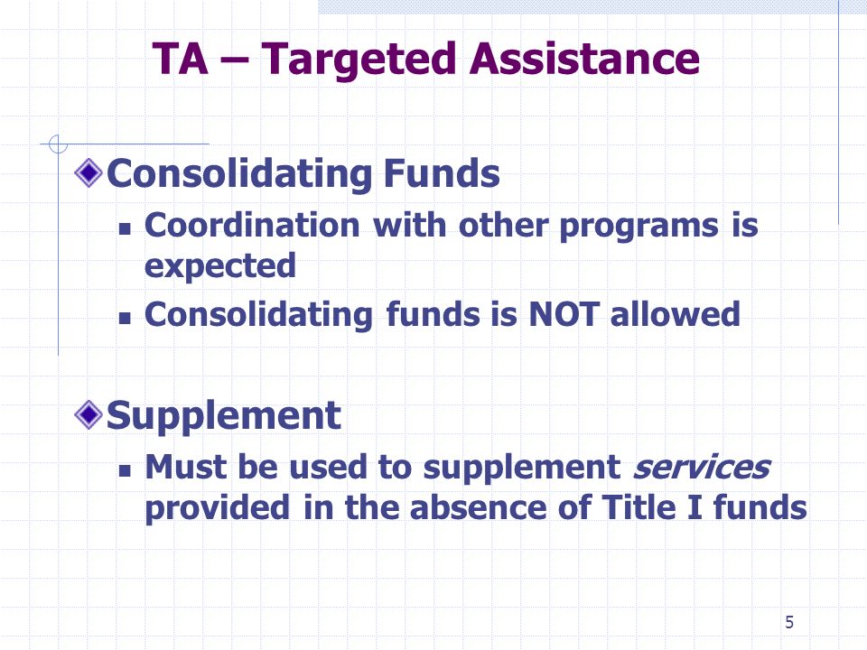 5 TA – Targeted Assistance Consolidating Funds Coordination with other programs is expected Consolidating funds is NOT allowed Supplement Must be used to supplement services provided in the absence of Title I funds