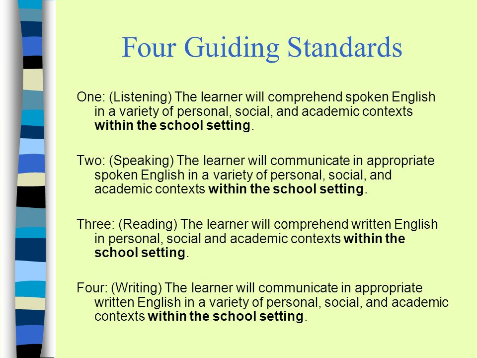 Four Guiding Standards One: (Listening) The learner will comprehend spoken English in a variety of personal, social, and academic contexts within the school setting.