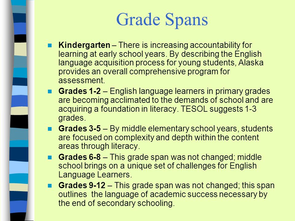 Grade Spans Kindergarten – There is increasing accountability for learning at early school years.