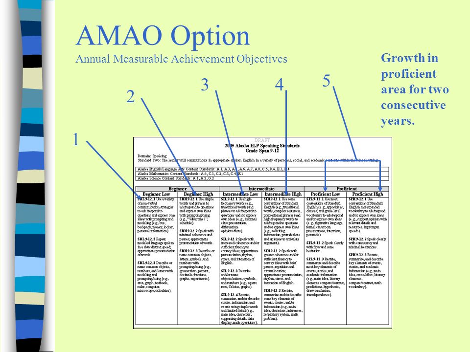 AMAO Option Annual Measurable Achievement Objectives Growth in proficient area for two consecutive years.