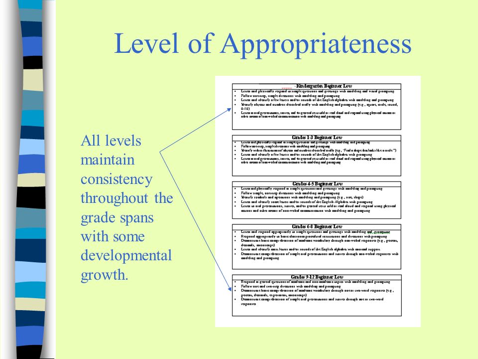 Level of Appropriateness All levels maintain consistency throughout the grade spans with some developmental growth.