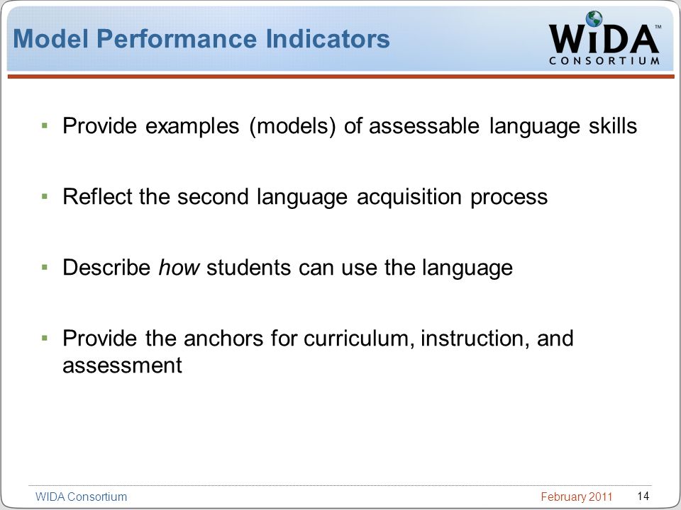 February WIDA Consortium Model Performance Indicators Provide examples (models) of assessable language skills Reflect the second language acquisition process Describe how students can use the language Provide the anchors for curriculum, instruction, and assessment