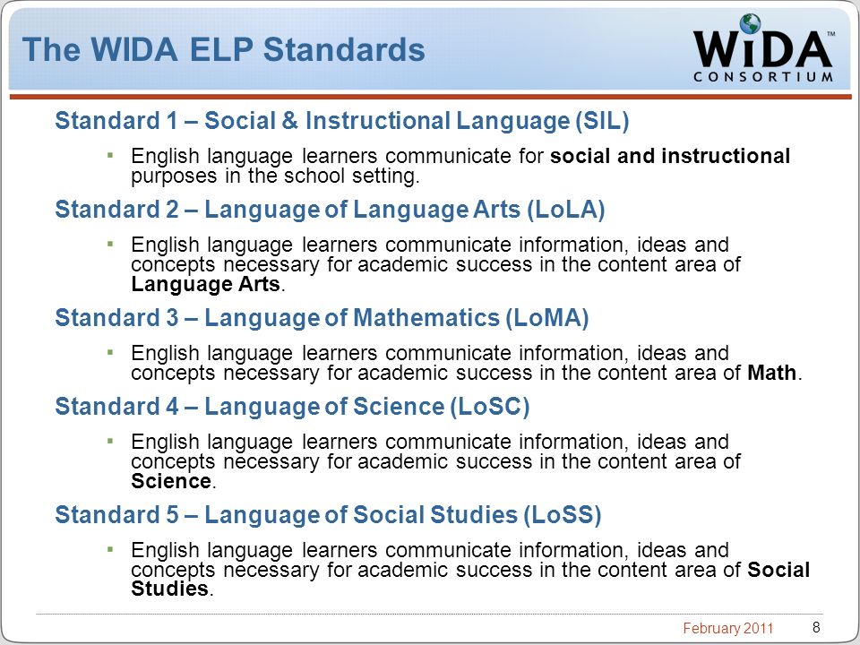 February The WIDA ELP Standards Standard 1 – Social & Instructional Language (SIL) English language learners communicate for social and instructional purposes in the school setting.