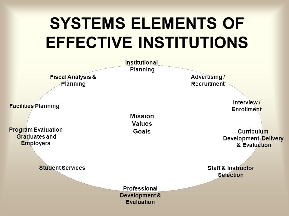 Institutional Planning Fiscal Analysis & Planning Advertising / Recruitment Interview / Enrollment Curriculum Development, Delivery & Evaluation Staff & Instructor Selection Professional Development & Evaluation Student Services Facilities Planning Program Evaluation Graduates and Employers Mission Values Goals SYSTEMS ELEMENTS OF EFFECTIVE INSTITUTIONS