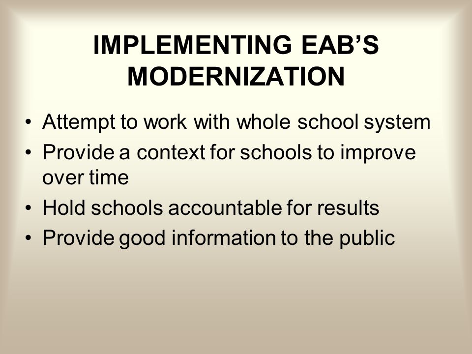 IMPLEMENTING EABS MODERNIZATION Attempt to work with whole school system Provide a context for schools to improve over time Hold schools accountable for results Provide good information to the public