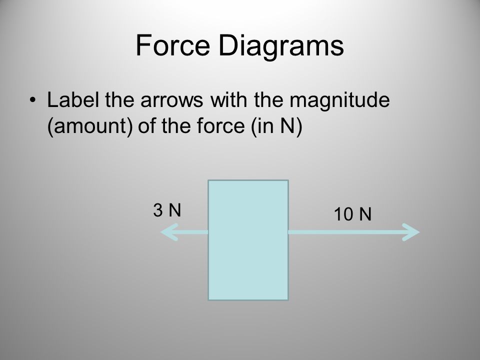 Force Diagrams Label the arrows with the magnitude (amount) of the force (in N) 10 N 3 N