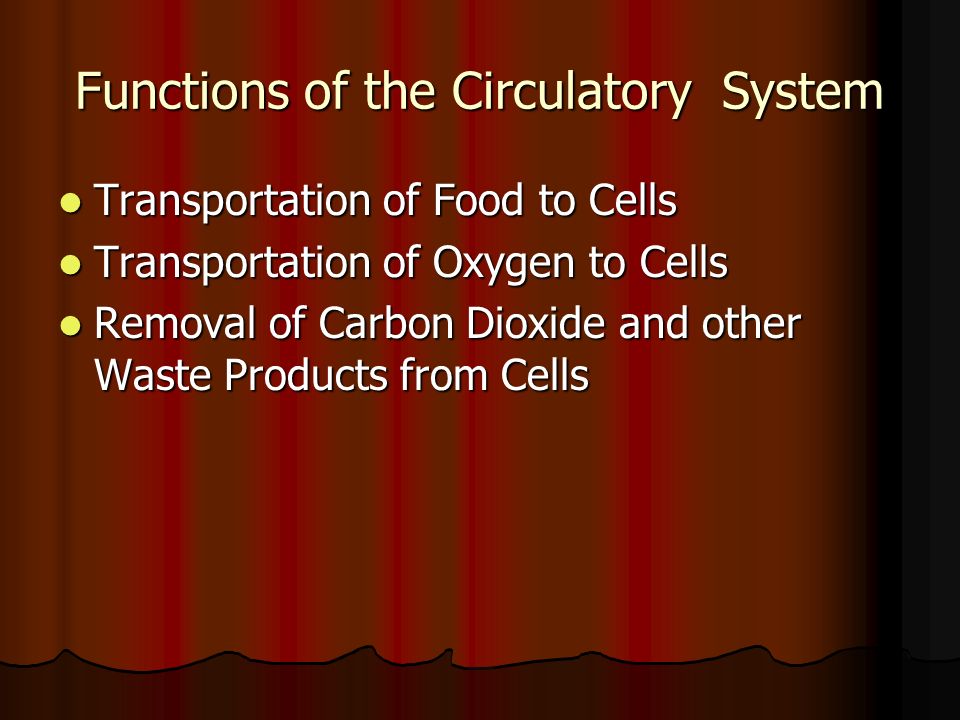 Functions of the Circulatory System Transportation of Food to Cells Transportation of Oxygen to Cells Removal of Carbon Dioxide and other Waste Products from Cells