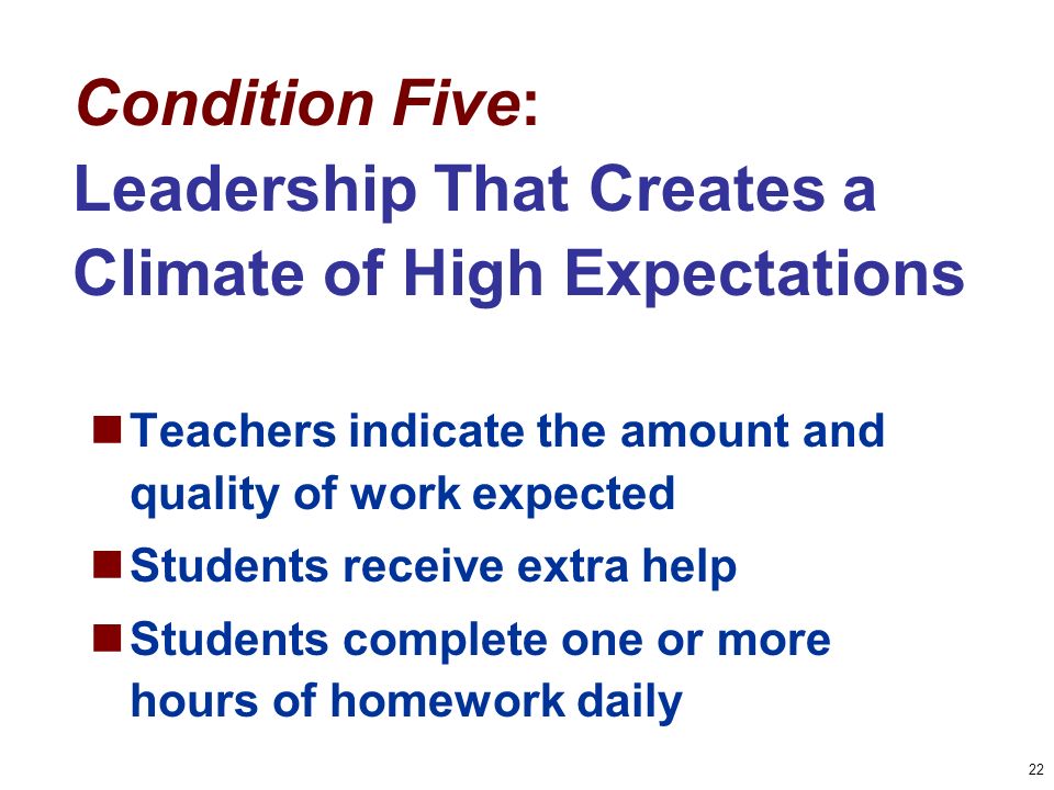 22 Condition Five: Leadership That Creates a Climate of High Expectations Teachers indicate the amount and quality of work expected Students receive extra help Students complete one or more hours of homework daily