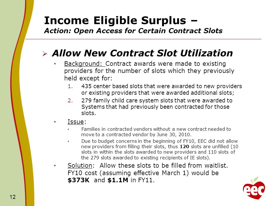 Income Eligible Surplus – Action: Open Access for Certain Contract Slots Allow New Contract Slot Utilization Background: Contract awards were made to existing providers for the number of slots which they previously held except for: center based slots that were awarded to new providers or existing providers that were awarded additional slots; family child care system slots that were awarded to Systems that had previously been contracted for those slots.