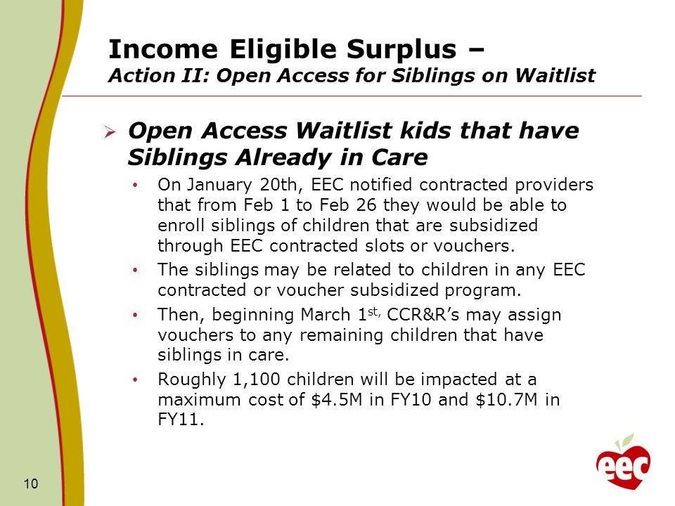 Income Eligible Surplus – Action II: Open Access for Siblings on Waitlist Open Access Waitlist kids that have Siblings Already in Care On January 20th, EEC notified contracted providers that from Feb 1 to Feb 26 they would be able to enroll siblings of children that are subsidized through EEC contracted slots or vouchers.