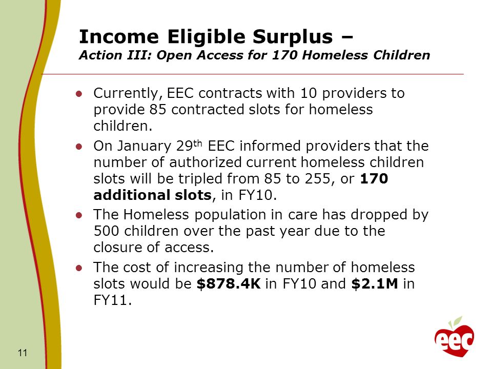 Income Eligible Surplus – Action III: Open Access for 170 Homeless Children Currently, EEC contracts with 10 providers to provide 85 contracted slots for homeless children.