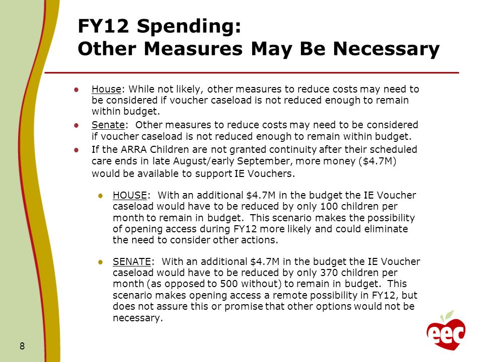 FY12 Spending: Other Measures May Be Necessary House: While not likely, other measures to reduce costs may need to be considered if voucher caseload is not reduced enough to remain within budget.