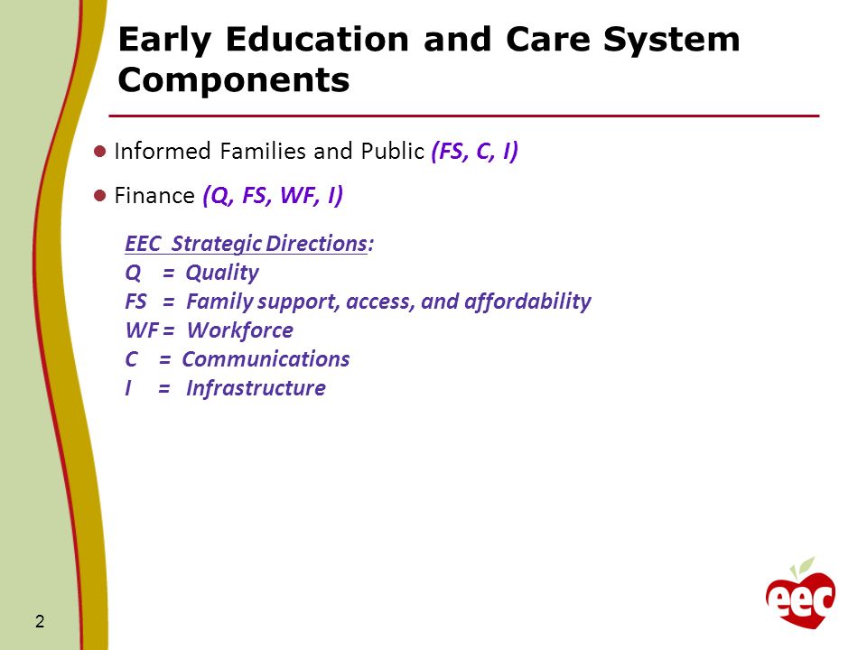 Early Education and Care System Components Informed Families and Public (FS, C, I) Finance (Q, FS, WF, I) EEC Strategic Directions: Q = Quality FS = Family support, access, and affordability WF = Workforce C = Communications I = Infrastructure 2