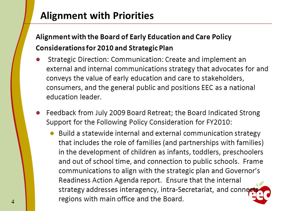 Alignment with Priorities 4 Alignment with the Board of Early Education and Care Policy Considerations for 2010 and Strategic Plan Strategic Direction: Communication: Create and implement an external and internal communications strategy that advocates for and conveys the value of early education and care to stakeholders, consumers, and the general public and positions EEC as a national education leader.