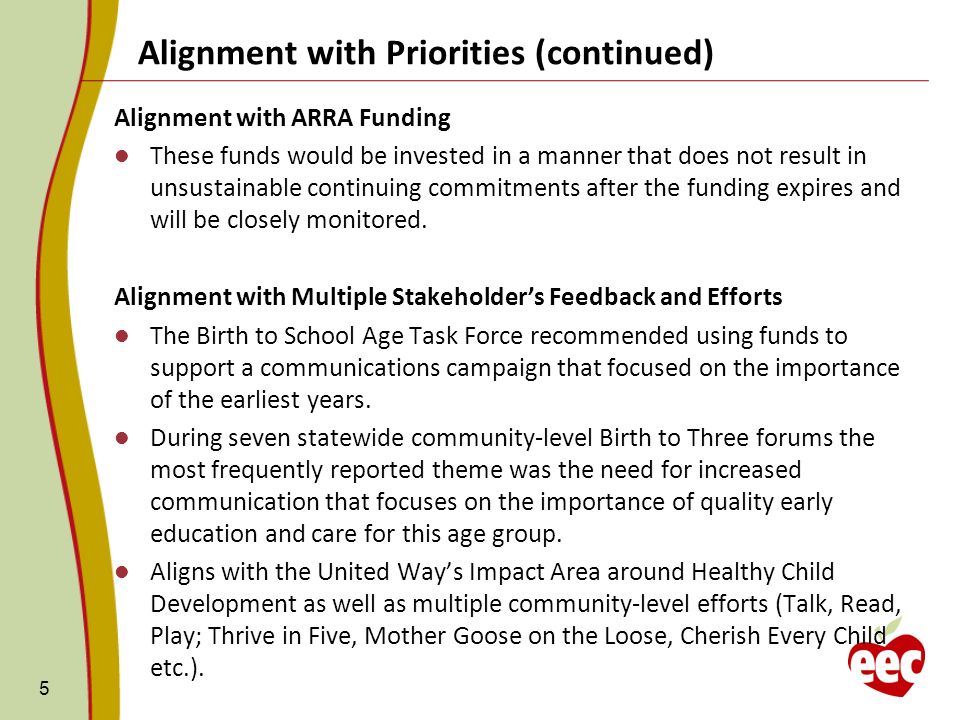 5 Alignment with ARRA Funding These funds would be invested in a manner that does not result in unsustainable continuing commitments after the funding expires and will be closely monitored.