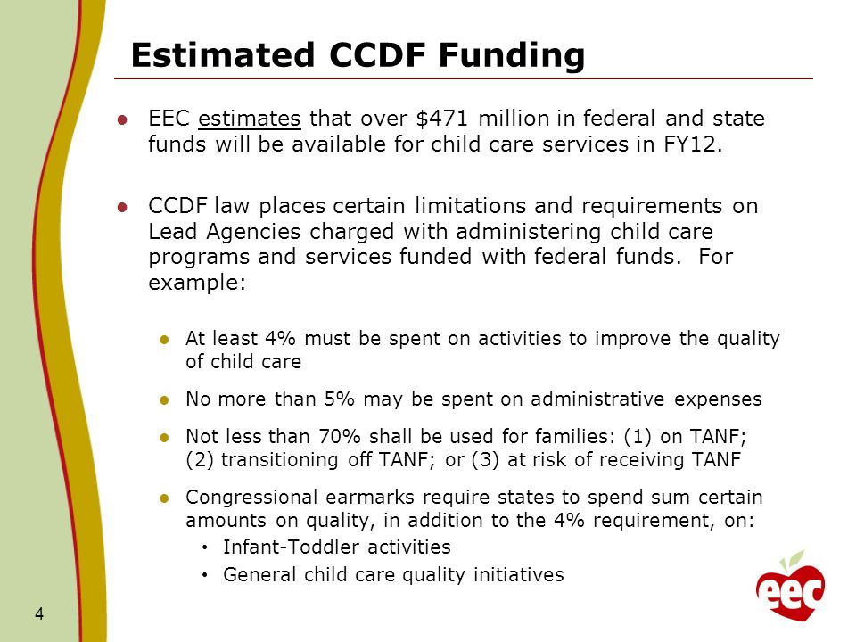 Estimated CCDF Funding EEC estimates that over $471 million in federal and state funds will be available for child care services in FY12.