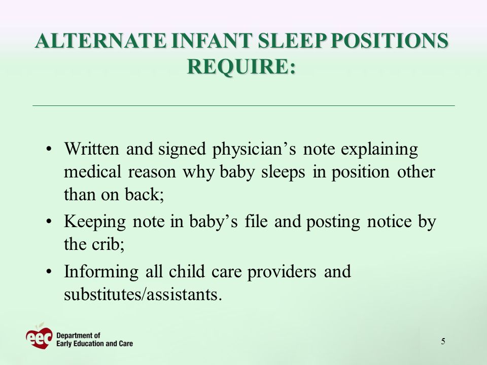 5 Written and signed physicians note explaining medical reason why baby sleeps in position other than on back; Keeping note in babys file and posting notice by the crib; Informing all child care providers and substitutes/assistants.
