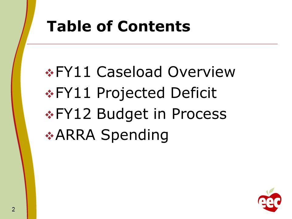 Table of Contents FY11 Caseload Overview FY11 Projected Deficit FY12 Budget in Process ARRA Spending 2