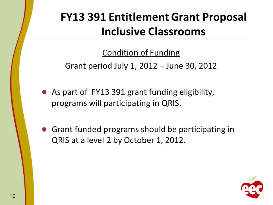 FY Entitlement Grant Proposal Inclusive Classrooms Condition of Funding Grant period July 1, 2012 – June 30, 2012 As part of FY grant funding eligibility, programs will participating in QRIS.