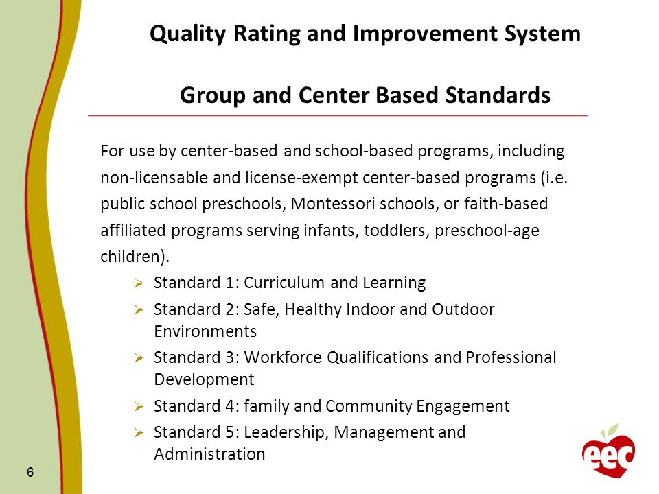 Quality Rating and Improvement System Group and Center Based Standards For use by center-based and school-based programs, including non-licensable and license-exempt center-based programs (i.e.