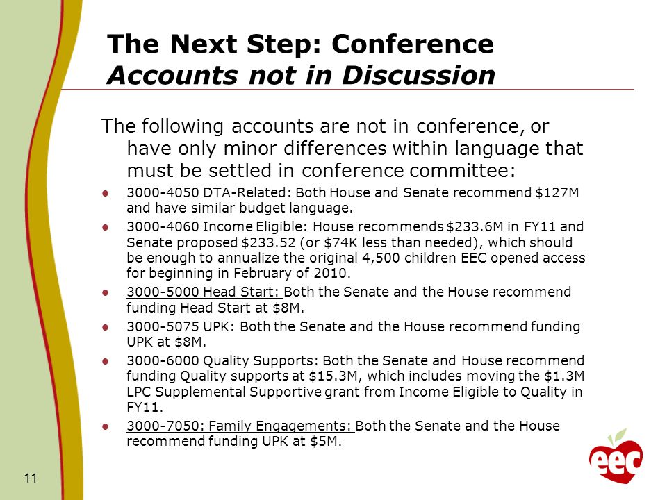 The Next Step: Conference Accounts not in Discussion The following accounts are not in conference, or have only minor differences within language that must be settled in conference committee: DTA-Related: Both House and Senate recommend $127M and have similar budget language.