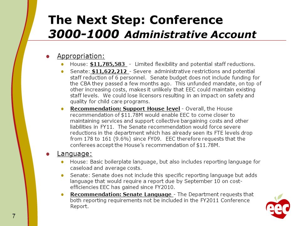The Next Step: Conference Administrative Account Appropriation: House: $11,785,583 - Limited flexibility and potential staff reductions.