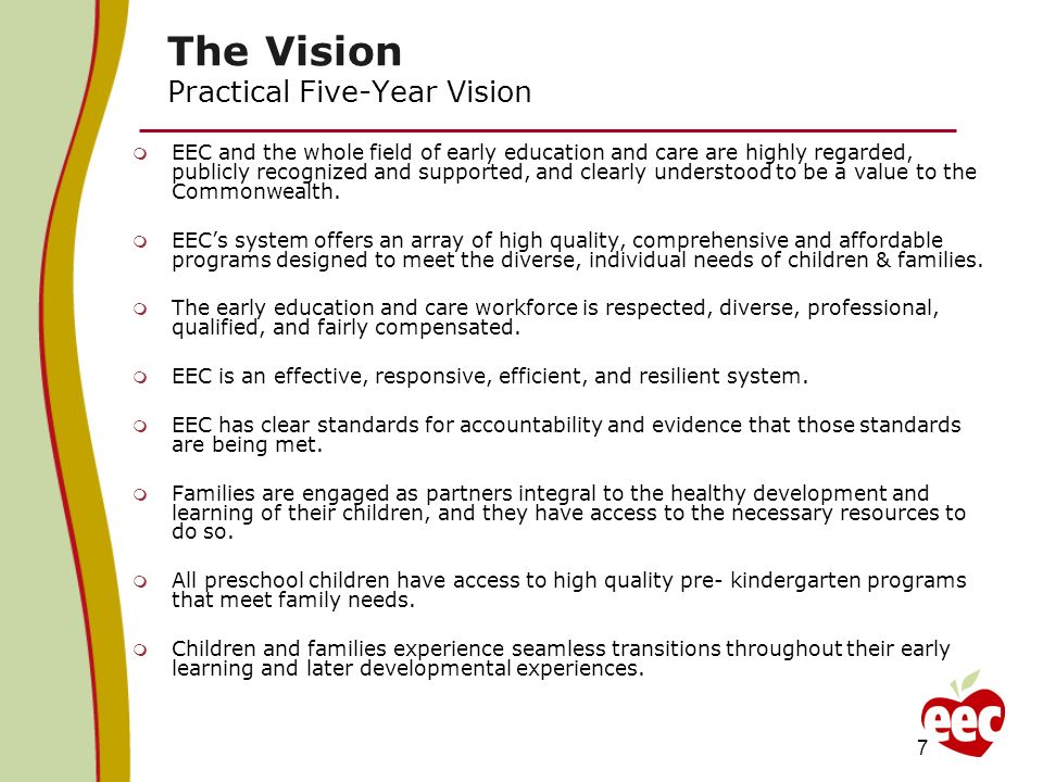 The Vision Practical Five-Year Vision EEC and the whole field of early education and care are highly regarded, publicly recognized and supported, and clearly understood to be a value to the Commonwealth.