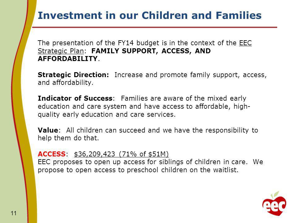 Investment in our Children and Families The presentation of the FY14 budget is in the context of the EEC Strategic Plan: FAMILY SUPPORT, ACCESS, AND AFFORDABILITY.