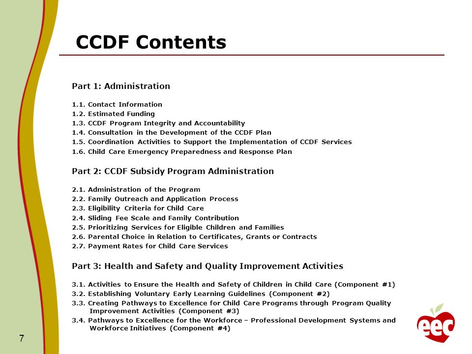 CCDF Contents Part 1: Administration 1.1. Contact Information 1.2.