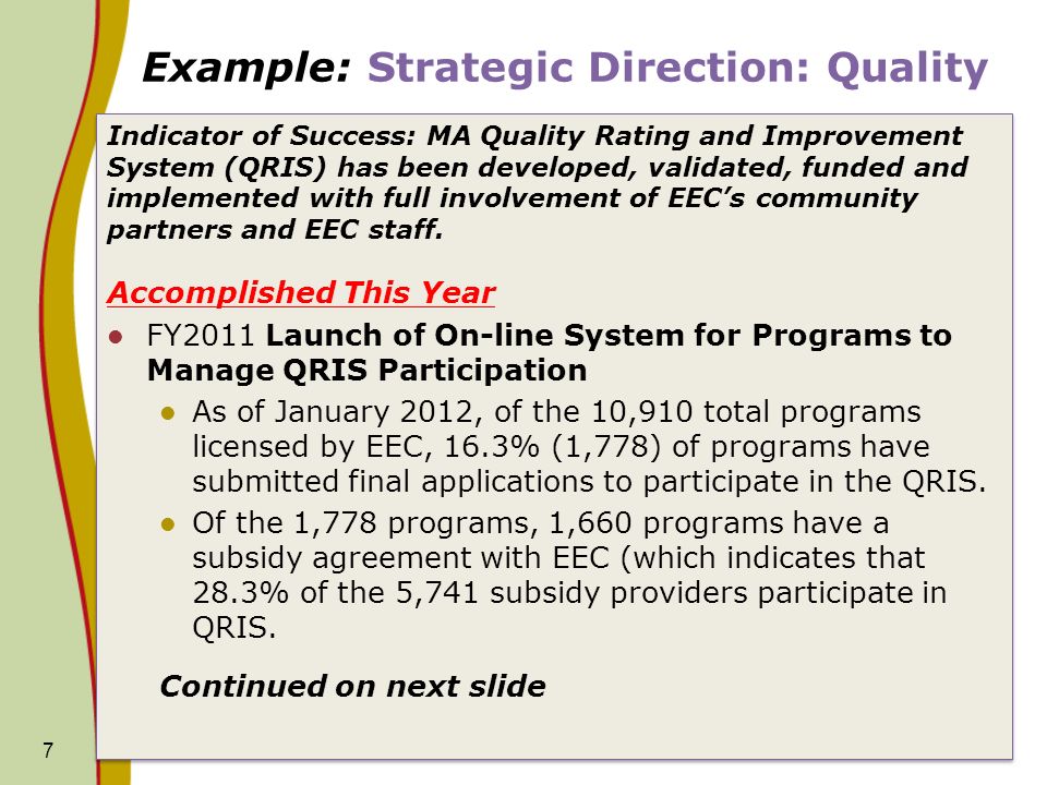 Example: Strategic Direction: Quality Indicator of Success: MA Quality Rating and Improvement System (QRIS) has been developed, validated, funded and implemented with full involvement of EECs community partners and EEC staff.