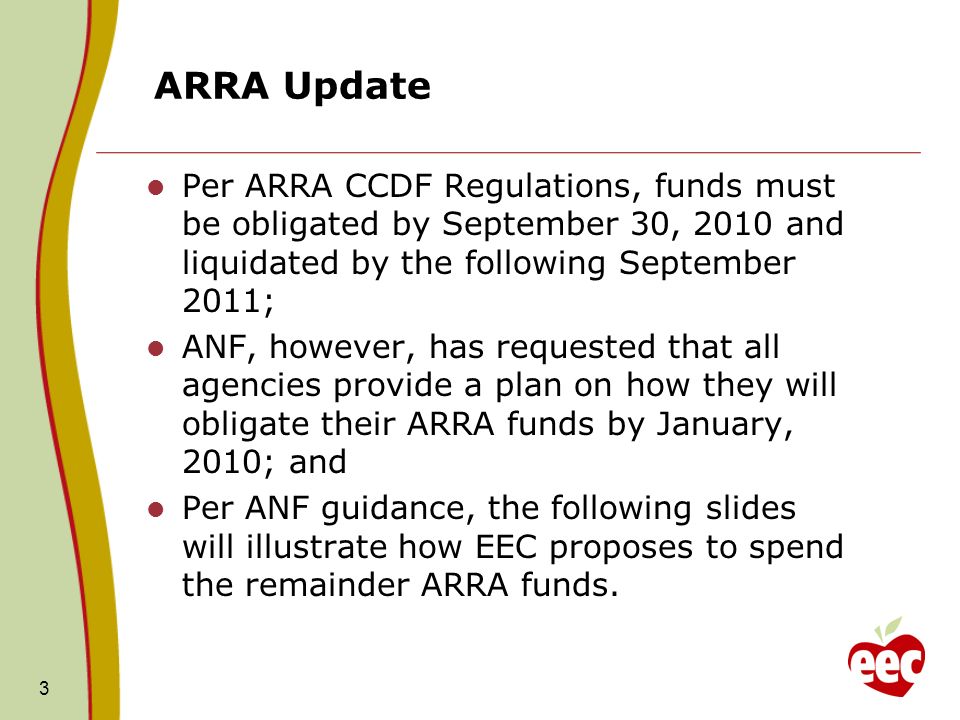ARRA Update – Approved Proposals $23.9M Child Care and Development Block Grant 2 Of the $23.9M available through CCDF grant, $1.2M must be spent on quality improvements for infant and toddlers AND $1.9M of the $23.9M must be spent for quality improvements.