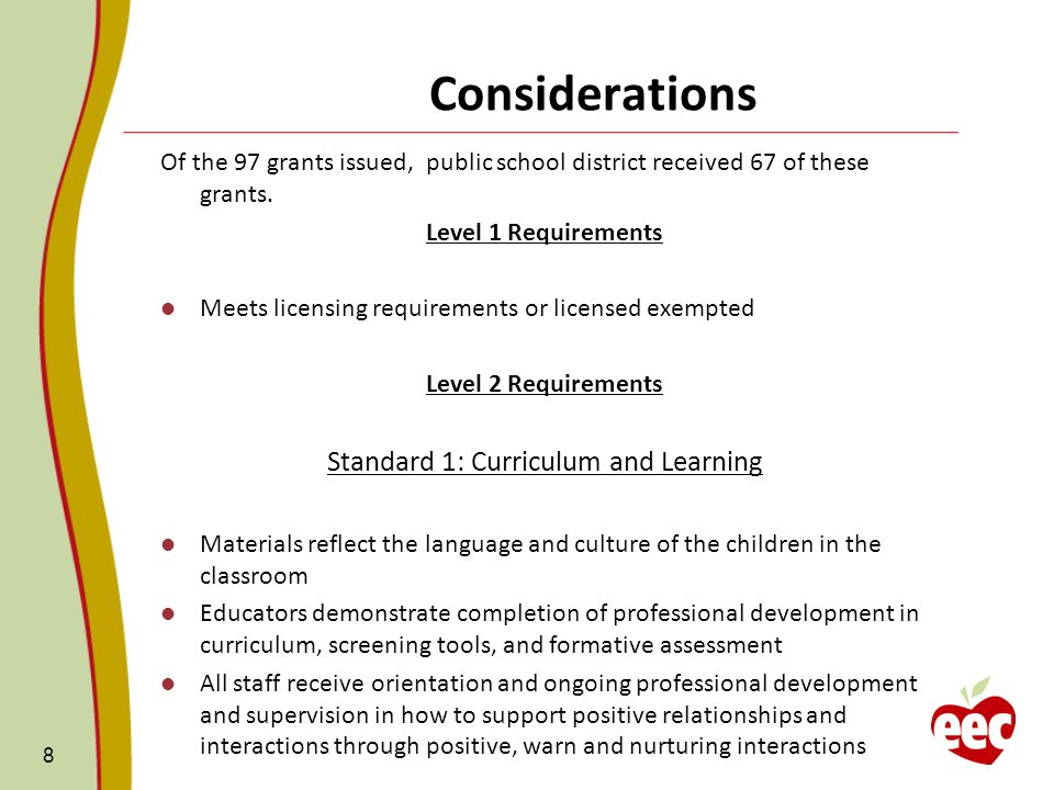 Considerations Of the 97 grants issued, public school district received 67 of these grants.