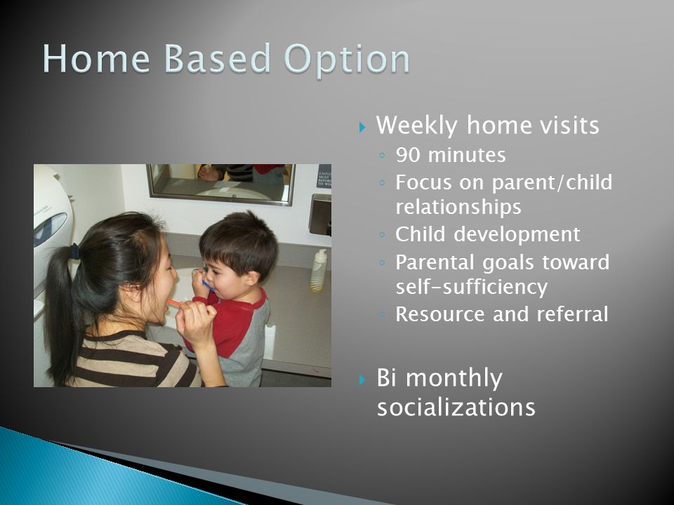 Weekly home visits 90 minutes Focus on parent/child relationships Child development Parental goals toward self-sufficiency Resource and referral Bi monthly socializations