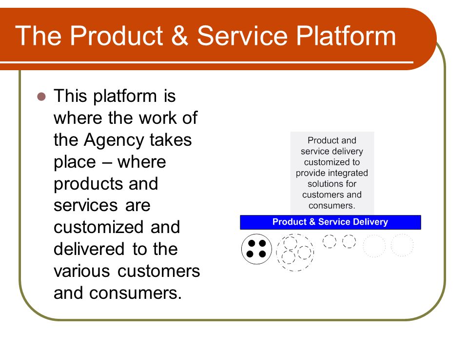 The Product & Service Platform This platform is where the work of the Agency takes place – where products and services are customized and delivered to the various customers and consumers.