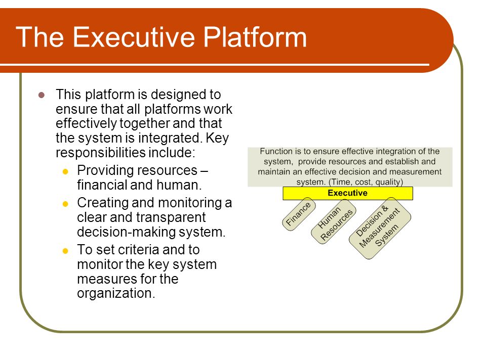 The Executive Platform This platform is designed to ensure that all platforms work effectively together and that the system is integrated.
