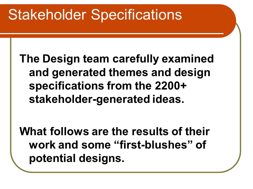 Stakeholder Specifications The Design team carefully examined and generated themes and design specifications from the stakeholder-generated ideas.
