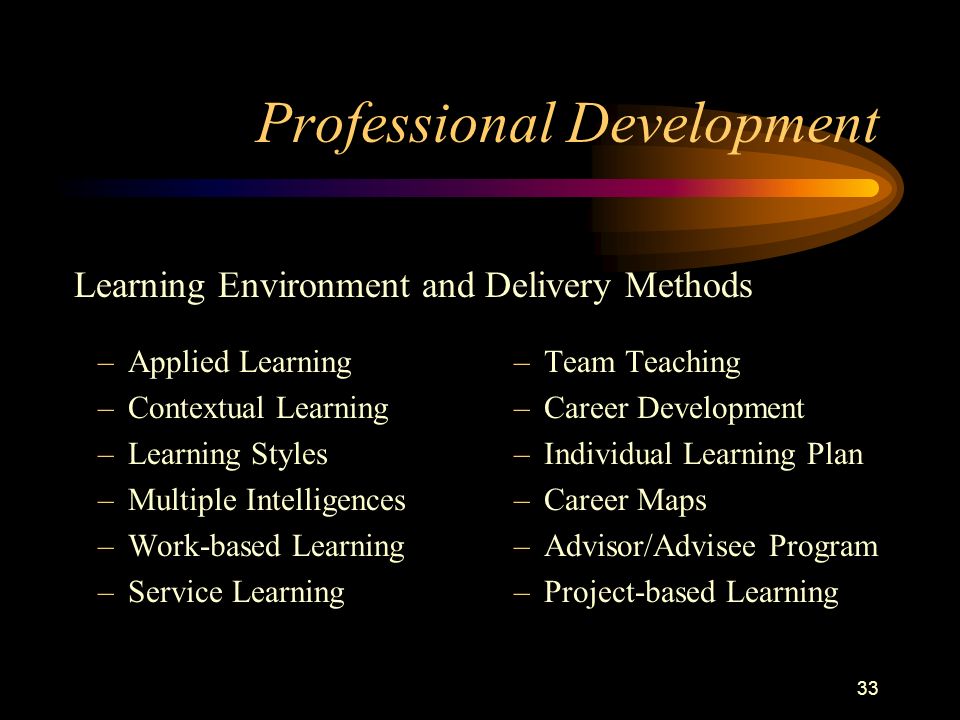 32 Professional Development To implement the curriculum restructuring, staff & community will need some learning opportunities: –Understanding the New Culture –Change Process –Collaboration –Partnership –Teacher Internships –Reaching ALL Students –Assessment –Alternative Scheduling