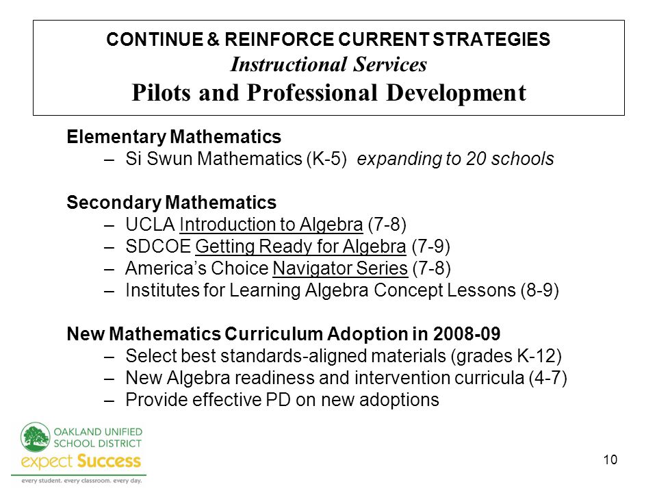 10 CONTINUE & REINFORCE CURRENT STRATEGIES Instructional Services Pilots and Professional Development Elementary Mathematics –Si Swun Mathematics (K-5) expanding to 20 schools Secondary Mathematics –UCLA Introduction to Algebra (7-8) –SDCOE Getting Ready for Algebra (7-9) –Americas Choice Navigator Series (7-8) –Institutes for Learning Algebra Concept Lessons (8-9) New Mathematics Curriculum Adoption in –Select best standards-aligned materials (grades K-12) –New Algebra readiness and intervention curricula (4-7) –Provide effective PD on new adoptions