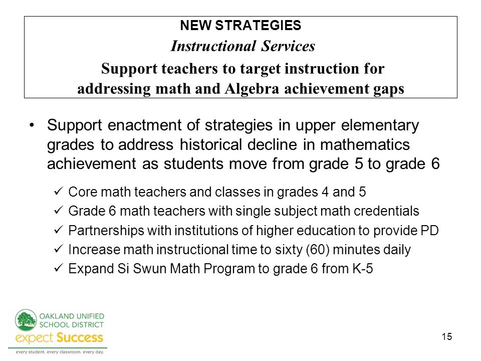 15 Support enactment of strategies in upper elementary grades to address historical decline in mathematics achievement as students move from grade 5 to grade 6 Core math teachers and classes in grades 4 and 5 Grade 6 math teachers with single subject math credentials Partnerships with institutions of higher education to provide PD Increase math instructional time to sixty (60) minutes daily Expand Si Swun Math Program to grade 6 from K-5 NEW STRATEGIES Instructional Services Support teachers to target instruction for addressing math and Algebra achievement gaps