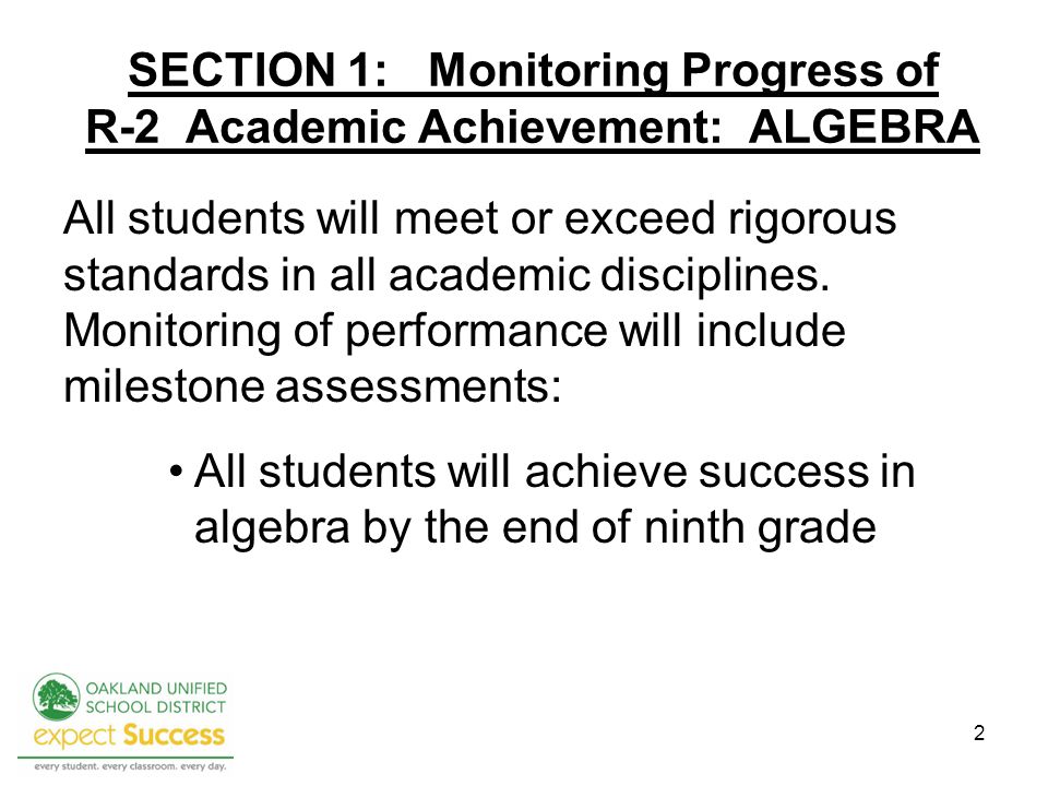 2 SECTION 1: Monitoring Progress of R-2 Academic Achievement: ALGEBRA All students will meet or exceed rigorous standards in all academic disciplines.